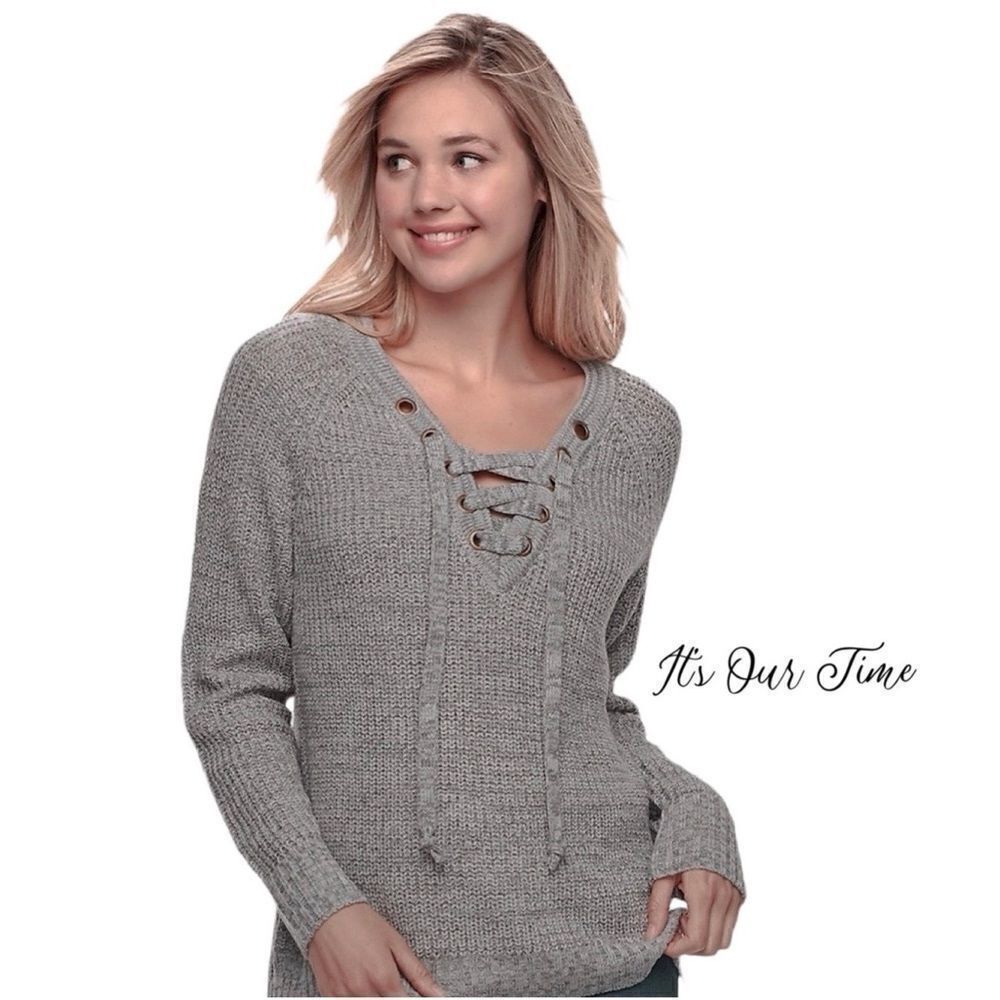 It's Our Time Lace-Up Neckline Sweater